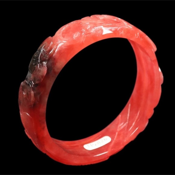 Rare Red Jadeite Jade Hand Carved 62mm Lotus Flower Ruyi Fish Bangle Bracelet - Picture 6 of 8